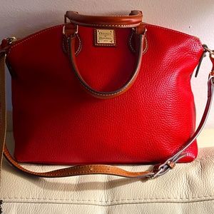 Dooney & Bourke Red Pebble Leather Tan Trim Domed Satchel Made in Italy